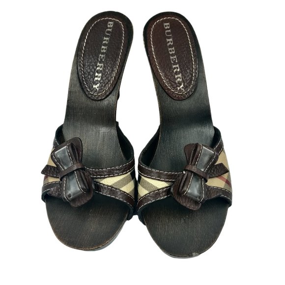 Burberry Womens Nova Check Strap Bow Wood 3.5" Heeled Mule Sandals Size 37 US 7 - Picture 1 of 12